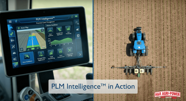 New Holland tractor dashboard with PLM Intelligence™ interface and field view of precision planting.