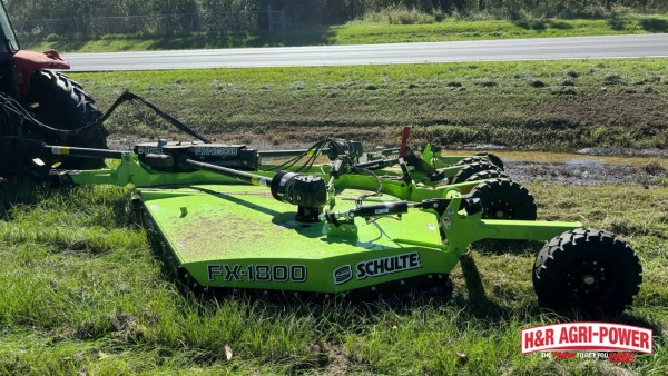 Schulte FX-1800 rotary cutter with PTO driveline and gearbox components for maintenance checks